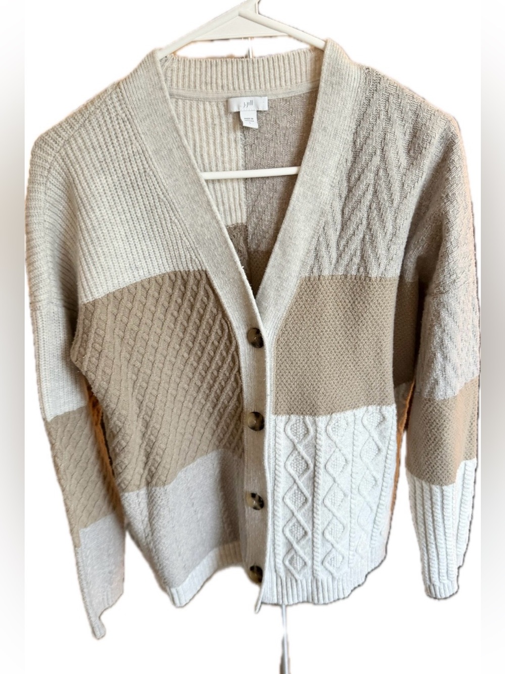 J.Jill Colorblock Cable Knit Cardigan Sweater Neutral Cotton Blend L
